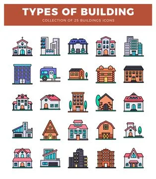 Different building icons with colorful flat design on white background Stock Illustration