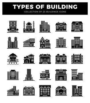 Different building icons displayed on a white background. graphic design. Ilustración de archivo