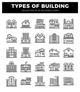 Different building icons displayed on white background. Stock Illustration