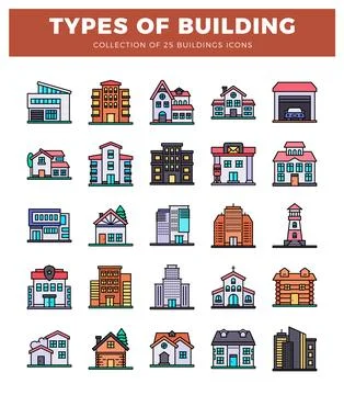 Different building icons in a flat design style. Various architecture types.. Ilustración de archivo