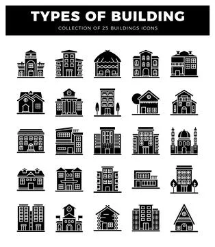 Different building icons in a flat design style on a white background. Ilustración de archivo