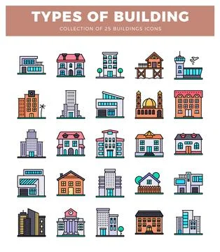 Different building icons in a flat vector style on a white background. Ilustración de archivo