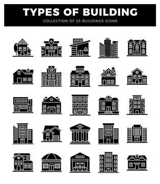 Different building icons in a grid layout on a white background. Ilustración de archivo
