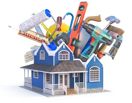 Different building tools inserted in the house . 3d illustration Stock Illustration