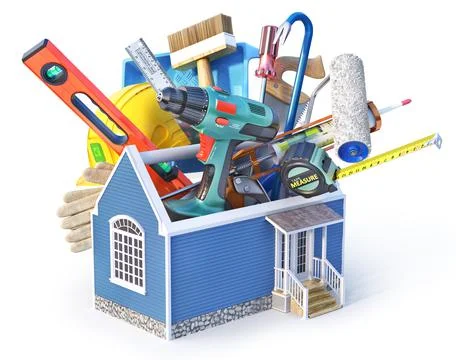 Different building tools inserted in the house . 3d illustration Stock Illustration