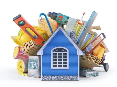 Different building tools inserted in the house . 3d illustration Stock Illustration