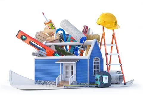 Different building tools inserted in the house . 3d illustration Illustrazione stock