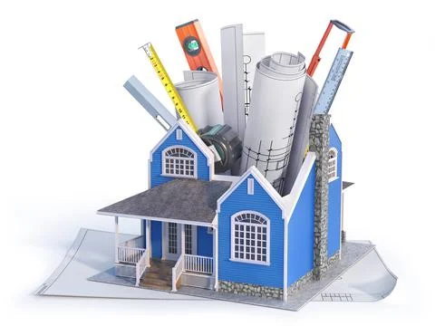 Different building tools inserted in the house . 3d illustration Stock Illustration