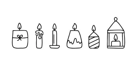 Different burning candles with flame, doodle line shape, hand draw sketch. Ca Stock Illustration