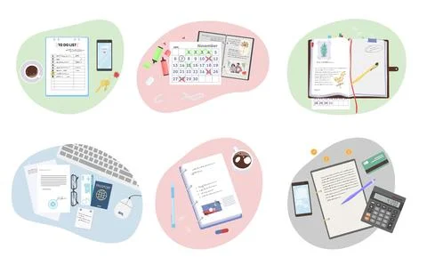 Different business office paper documents top view isolated set Stock Illustration