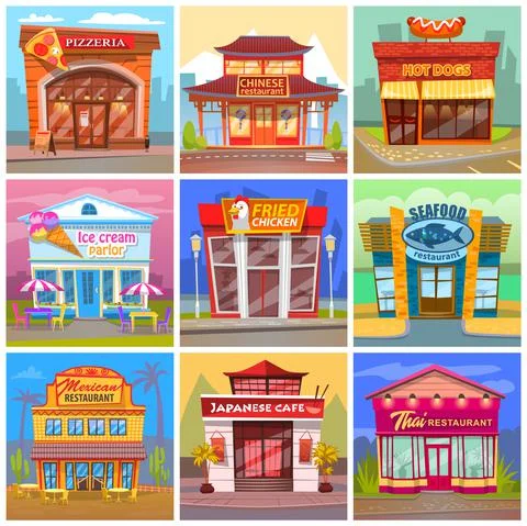 Different cafe and restaurant facade buildings. View from the street, bright Stock Illustration
