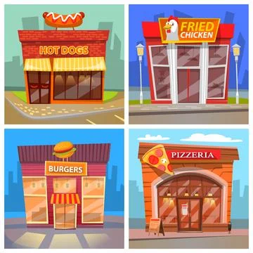 Different cafe and restaurant facade buildings. Fried chicken, hot dogs Stock Illustration