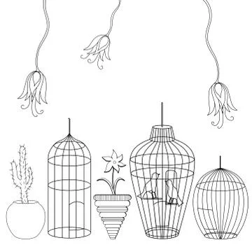 Different cages and flowers, vector black and white illustration Illustrazione stock