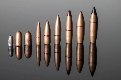 Different caliber bullets Aligned Stock Photos