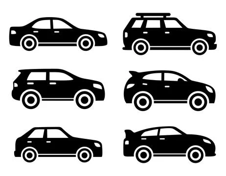 Different car black icon set side view. Vehicle collection. Car silhouettes Stock Illustration