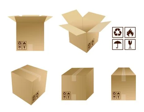 Different cardboard boxes with icons isolated over a white background Stock Illustration