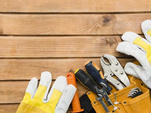 Different carpentry tools wooden table. High quality photo Stock Photos