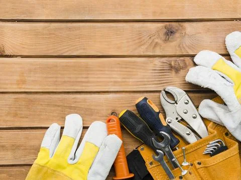Different carpentry tools wooden table Stock Photos