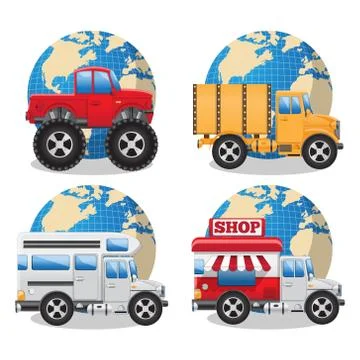 Different cars on the background of the globe. Stock Illustration