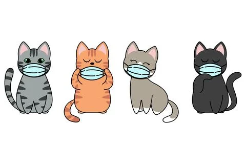 Different cartoon cat characters set and cat face mask covid19, pm 2.5, poses Stock Illustration