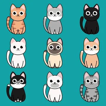 Different cartoon cat characters set, poses and emotions. Stock Illustration