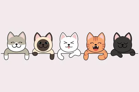 Different cartoon cats front border set, poses and emotions. Stock Illustration