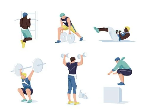 Different cartoon set of men exercising at modern gym vector flat illustratio Illustrazione stock
