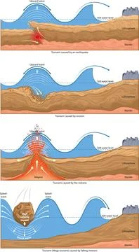 Different causes of tsunamis Stock Illustration
