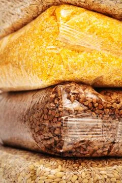 Different cereals in packages Stock Photos