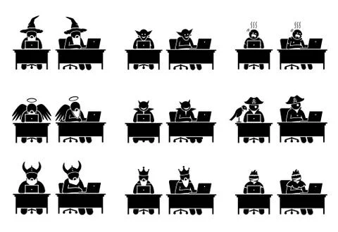 Different characters and people using computer to surf the Internet. The char Stock Illustration