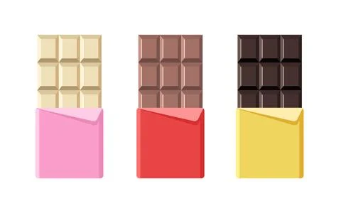 Different chocolate bar icons. Opened white, milk and bitter chocolate in foil 스톡 일러스트