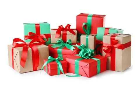 Different Christmas gift boxes on white background Stock Photos