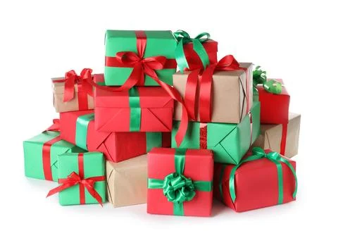 Different Christmas gift boxes on white background Stock Photos