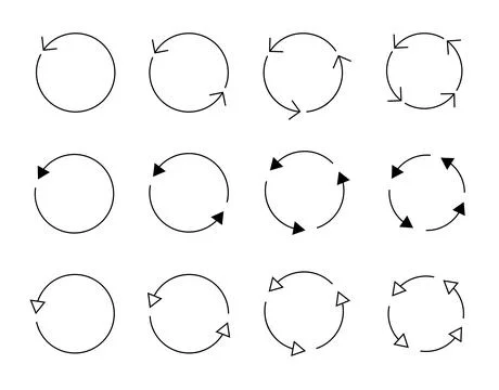 Different circular arrows of black color, different thickness and size. Vector Stock Illustration