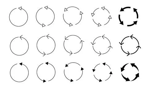 Different circular arrows of black color, different thickness and size. Vector Stock Illustration