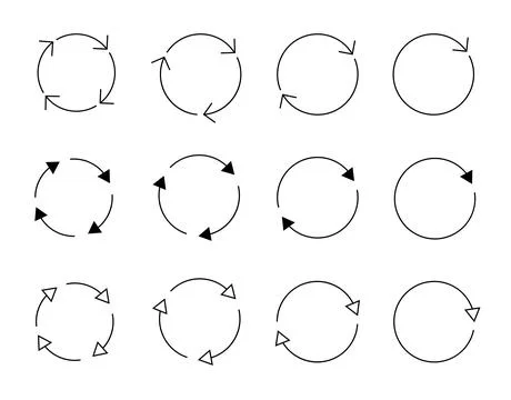 Different circular arrows of black color, different thickness and size. Vector Stock Illustration