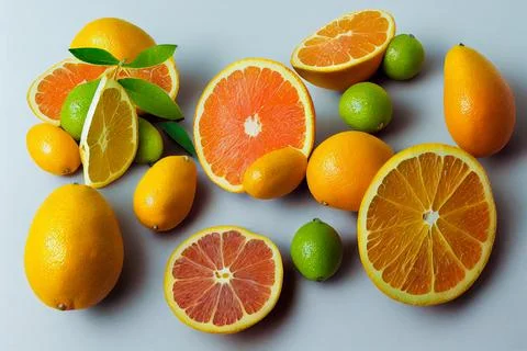 Different citrus fruit on grey background. 3d illustration Stock Illustration