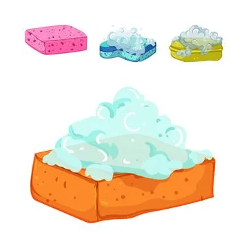 Different cleaning sponges with suds and bubbles Stock Illustration