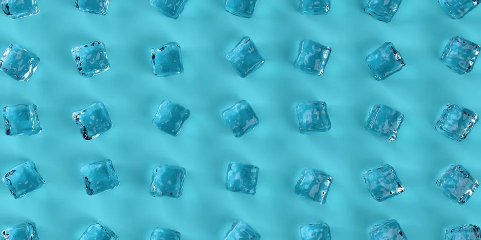 Different clear water ice cubes on blue background flat lay top view from abo イラスト素材