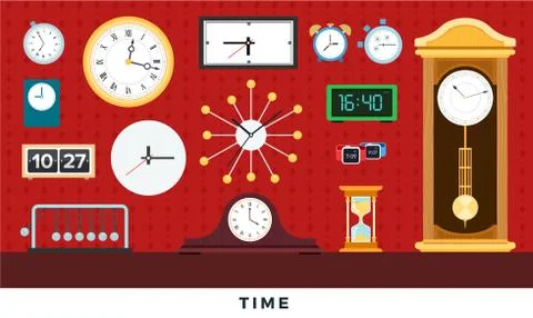 Different clocks from antiques to modern on wall and table. Vector flat Stock Illustration