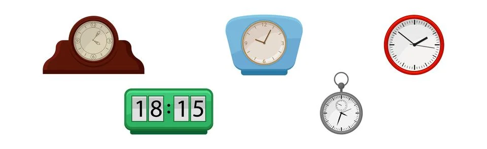 Different Clocks as Device for Measuring and Indicating Time Vector Set Illustrazione stock
