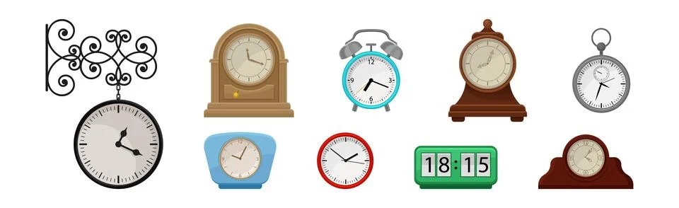 Different Clocks as Device for Measuring and Indicating Time Vector Set Illustrazione stock