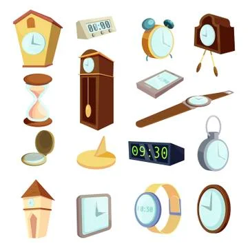 Different clocks icons set, cartoon style Illustrazione stock