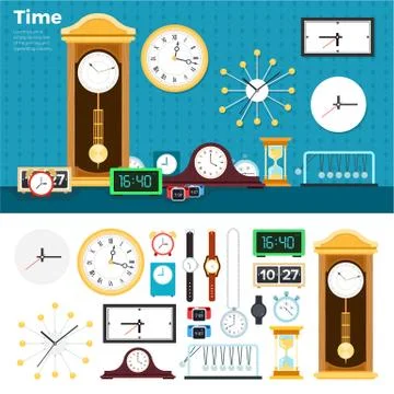 Different clocks in the room Stock Illustration