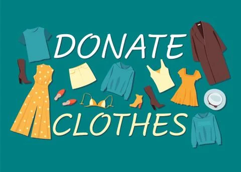 Different clothes on a green background. Clothing donation Stock Illustration