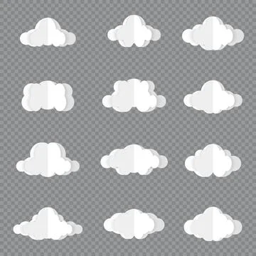 Different clouds on blue sky in origami design. Collection of white paper c.. Stock Illustration