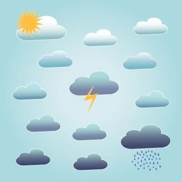 Different clouds with the sun rain and lightning Stock Illustration
