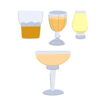 Different cocktail glasses holding assorted alcoholic drinks 库存插图