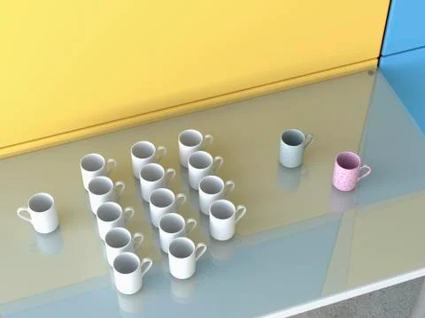 Different coffee cups on glass table, 3D Rendering Stock Illustration