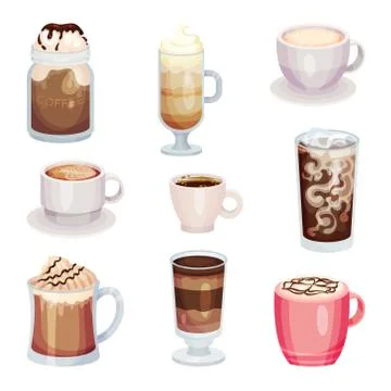 Different Coffee Drinks Isolated On White Background Vector Set Stock Illustration